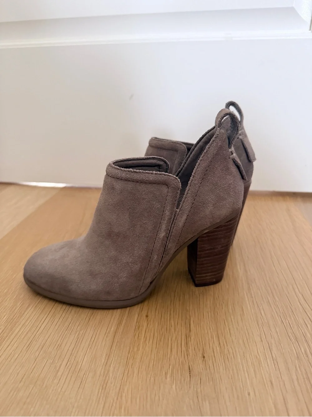 Vince Camuto Taupe Suede Cutout Ankle Booties